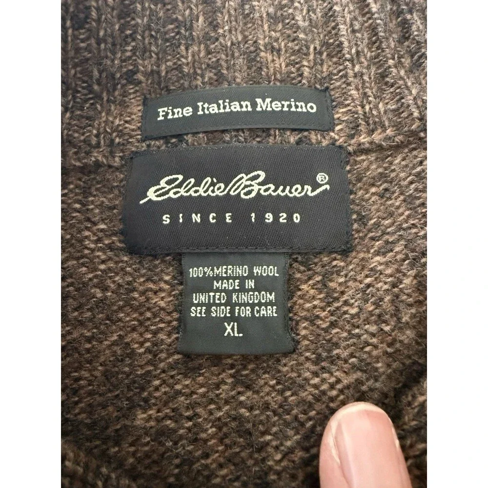 Eddie Bauer Sweater Mens XL 100% Merino Wool 1/4 Zip Mock Neck Knit Brown - Picture 3 of 13